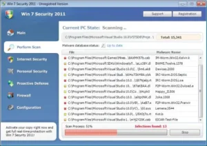 Win 7 Security 2011 description Win 7 Security 2011 is a rogue anti-spyware application. This one is particularly pesky as it adapts itself to victim’s operating system. Win7 Security 2011 changes its name and user interface. It may appear as Win7 Antispyware 2011 or Win 7 Internet Security 2011 I it finds Windows 7 on the compromised PC. Win 7 Security 2011 is not able to deal with security problems because Win 7 Security 2011 is a computer parasite itself. It is installed by trojans. When Win 7 Security 2011 sneaks upon a computer, it loads numerous counterfeit warnings. None of them should be trusted. If clicked upon, the alerts demand purchasing Win 7 Security 2011. Don’t waste your money and remove Win 7 Security 2011 fraud as soon as possible. Here are some examples of Win7 Security 2011 pop-ups: Privacy threat! Spyware intrusion detected. Your system is infected. System integrity is at risk. Private data can be stolen by third parties, including credit card details and passwords. Click here to perform a security repair. Stealth intrusion! Infection detected in the background. Your computer is now attacked by spyware and rogue software. Eliminate the infection safely, perform a security scan and deletion now. Get rid of Win 7 Security 2011 download free spyware scanner Manual step-by-step Win 7 Security 2011 removal Automatic easy Win 7 Security 2011 detection with Spyware Doctor Anti spyware Software. Spyware Doctor Review. Win 7 Security 2011 is a Rogue Antispyware software Win 7 Security 2011 is installed without your permission. Win 7 Security 2011 reputation online is terrible. The official website of Win 7 Security 2011 is poorly built and lacks basic information. The payments website of Win 7 Security 2011 is suspicious. Performance of the program is poor. How to manually remove Win 7 Security 2011 To remove Win 7 Security 2011 spyware you must block Win 7 Security 2011 sites, stop and remove processes, unregister DLL files, search and delete all other Win 7 Security 2011 files and registry utility. Follow the Win 7 Security 2011 detection and removal instructions below. The most typical software removal method is to remove Win 7 Security 2011 by using "Add or Remove Programs" service. However there may be hidden Win 7 Security 2011 files, running processes and registries in your computer, so Win 7 Security 2011 may recreate all other files after reboot.